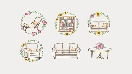 Cozy Home Decor Floral Wreath Sofa Armchair Bookcase Chaise Lounge Illustrations