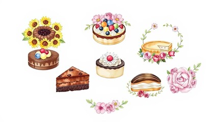 Delicious Cakes Pastries Watercolor Bakery Illustrations Floral Decor
