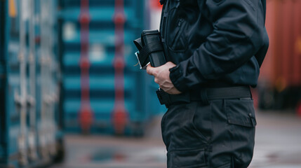 Customs officer inspecting goods at border checkpoint, symbolizing international trade, tariffs, and global commerce logistics. Focus on security and regulation in cross-border shipping.