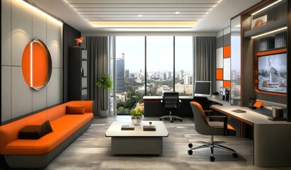 Modern office interior with city view, orange accents, and comfortable furniture.