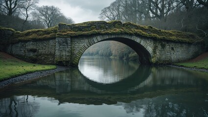 Fototapeta premium A moss-covered stone bridge arches over a calm river, reflecting the surrounding trees.