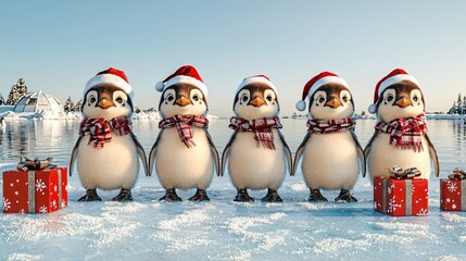 Penguins in Santa Hats, Christmas Scene, Ice