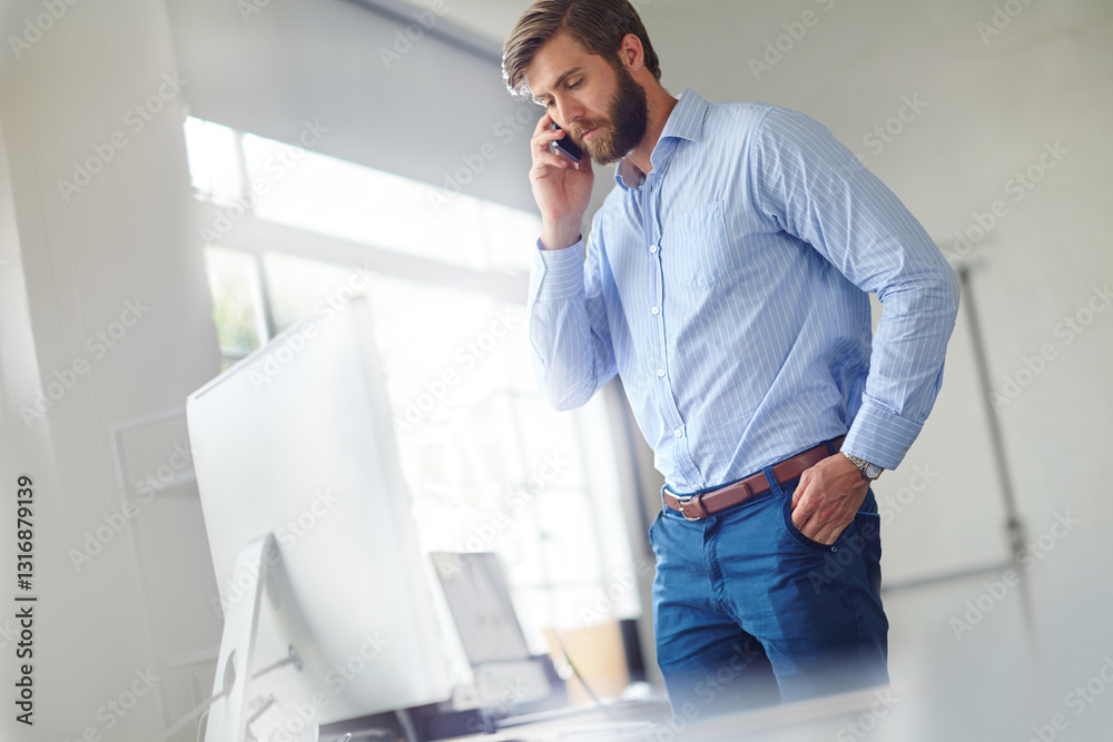 Aufkleber Man, architect and phone call in office, consultant and online for negotiation on development. Property, architecture and talking to business client in workplace, project and conversation at computer