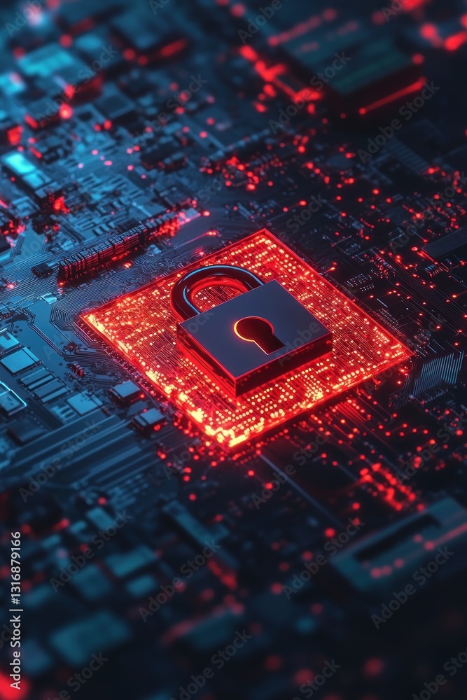 Poster abstract representation of digital security with a glowing lock on a circuit board, symbolizing data