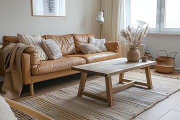 Minimalist, modern Scandinavian interior design in the living room with wood-fired coffee tables and brown leather sofas visible. Generative AI
