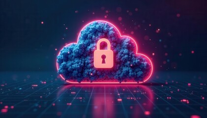 Stylized cloud, secure network, central lock graphic; dramatic visual, ample copy space, system, information security, server