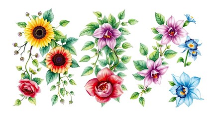 Watercolor Sunflowers Roses Orchids Botanical Floral Arrangement