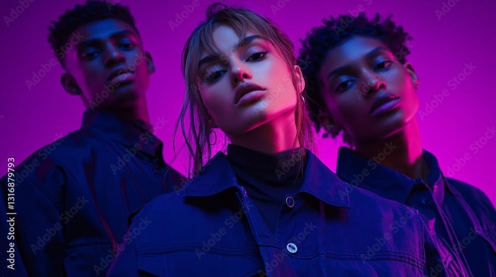 Poster amidst a captivating backdrop of bold purple hues, three models strike dynamic poses, exuding confid