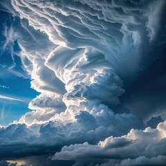 Dramatic cloud formation showcasing swirling patterns against a blue sky.