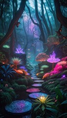 A mystical forest scene with vibrant, glowing plants and a serene pathway.