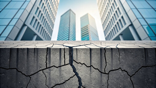 cracked foundation metaphorically represents weakness in corporate environment, showcasing modern skyscrapers in background