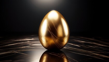 Obraz premium A minimalist Easter composition featuring a single glowing golden egg on a reflective black surface, creating a sleek, modern luxury aesthetic with contrast and elegance. 
