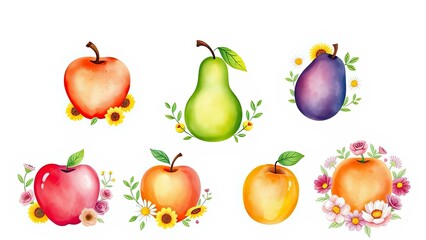 Watercolor Fruits Flowers Apples Pears Plums Floral Design