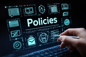 A digital interface displaying the word "Policies" with futuristic, glowing blue graphics, symbolizing data governance, cybersecurity.