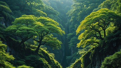Lush green valley with trees, showcasing natural beauty and tranquility.