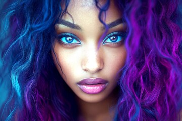 Fototapeta premium Pretty calm mixed-race girl - for ads, advertisement and web marketing promotion use. Long haircut - multicolored hair. Commercial marketing visual concept art. Vibrant hairstyles trends.