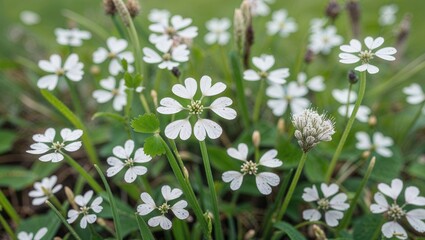 A vibrant cluster of small white flowers amidst green foliage.
