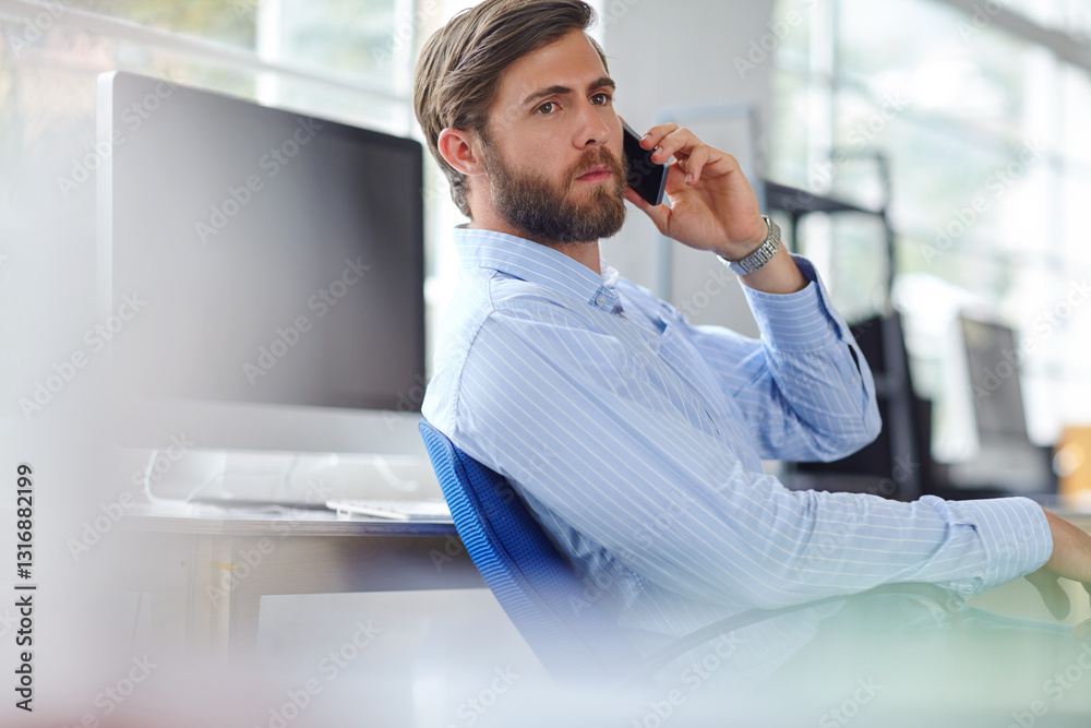 Aufkleber man, architect and phone call in office, networking and online for negotiation at agency. property, 