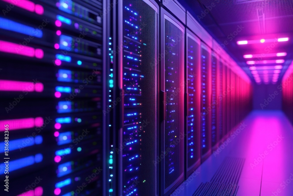 Poster a vibrant data center corridor illuminated by colorful led lights, showcasing rows of servers workin