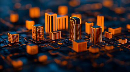 Urban skyline model digital city 3d render futuristic design night view technology concept