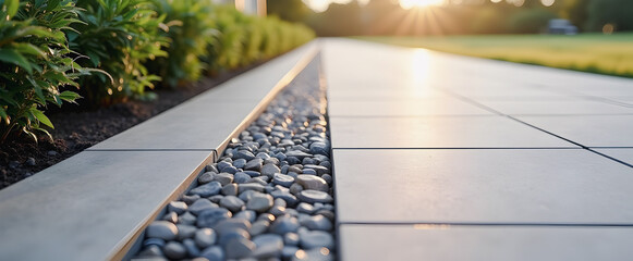 A serene pathway lined with stones and greenery, illuminated by the warm glow of the setting sun, inviting a peaceful stroll.