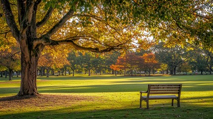 Autumnal Park Bench Under Golden Sunlight