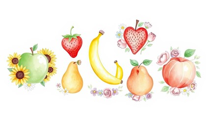 Watercolor Fruits Flowers Apple Banana Pear Strawberry Peach Design