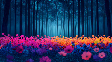 Vibrant flower field amidst dark forest nature landscape mystical low angle serenity