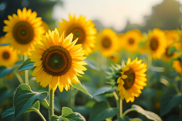 Obraz premium A vibrant field of sunflowers basking in sunlight, showcasing their bright yellow petals and green leaves against a serene background.