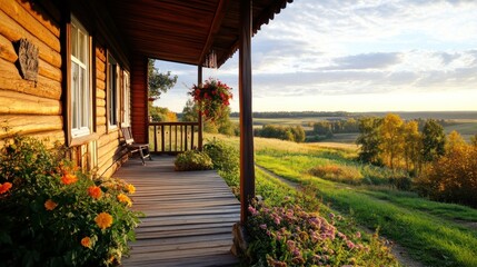 The rustic terrace is decorated with beautiful flowers, bathed in the warm light of the sun.