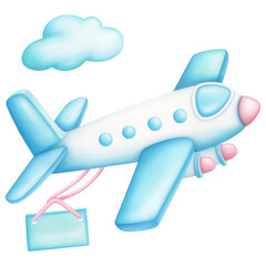 Naklejka premium cartoon airplane with blue wings and white body flies with cloud