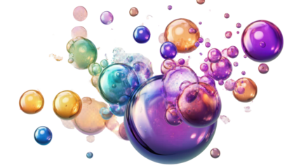 A group of shiny, colorful liquid bubbles popping and scattering, isolated on transparent background, leaving trails of vibrant liquid behind
