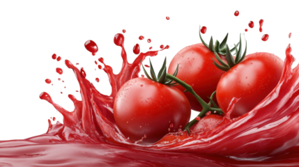 "A group of plump tomatoes splashing into a creamy pool of ketchup, isolated on transparent background, with ketchup droplets flying outward