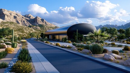 Fototapeta premium Modern Architectural Design Surrounded by Desert Landscape with Dramatic Mountains and Lush Vegetation in Bright Daylight