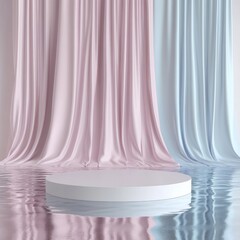 Pastel draped backdrop with a white podium