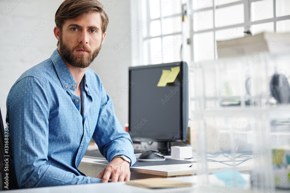 Poster man, portrait and computer for office administration, company website and digital filing. male perso