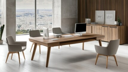 Modern office interior with wooden table and chairs.
