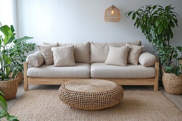 A modern minimalist interior design from the living room of a house with a beige sofa and coffee table and a view of the pot. Generative AI
