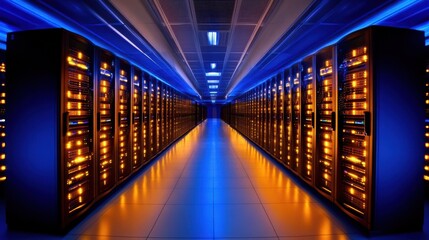 Fototapeta premium Futuristic Data Center with Rows of Servers Illuminated by Blue and Golden Lights in a High-Tech Environment