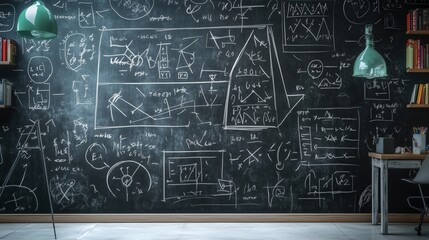 A chalkboard filled with mathematical equations and science doodles