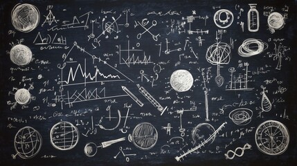 A chalkboard filled with mathematical equations and science doodles