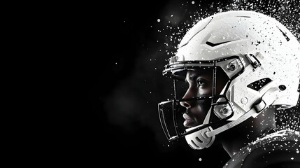 A determined football players profile helmet glistening with moisture against a dark background