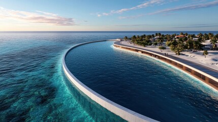Fototapeta premium Serene Coastal Architecture with Curved Seaside Walkway in Tropical Paradise