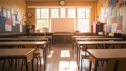 A classroom with neatly arranged desks, a whiteboard, and sunlight streaming in