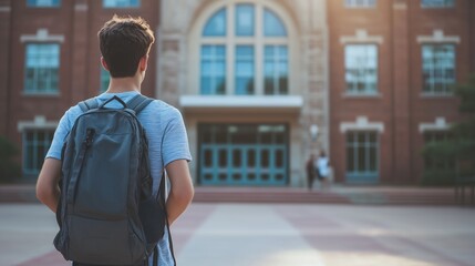 A student adjusting their backpack straps while looking at a school entrance