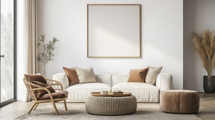 Diseño interior de sala de estar con un marco de fotos de maqueta.