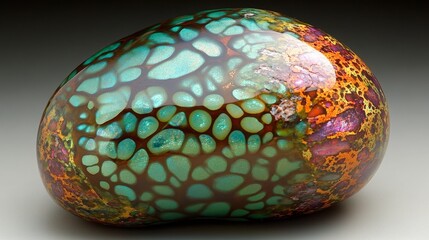 Stunning resin art sculpture with an otherworldly design, resembling a planet, placed on a rustic wooden table against a dark backdrope