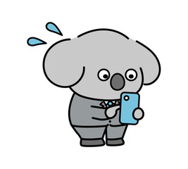 スマホを操作しながら慌てた様子を見せるスーツ姿のコアラのキャラクター
