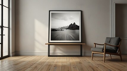 Interior Room Featuring Minimalist Decor and a Framed Mountain Landscape