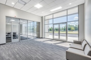 Obraz premium Modern office lobby with glass walls, seating, and bright sunlight.